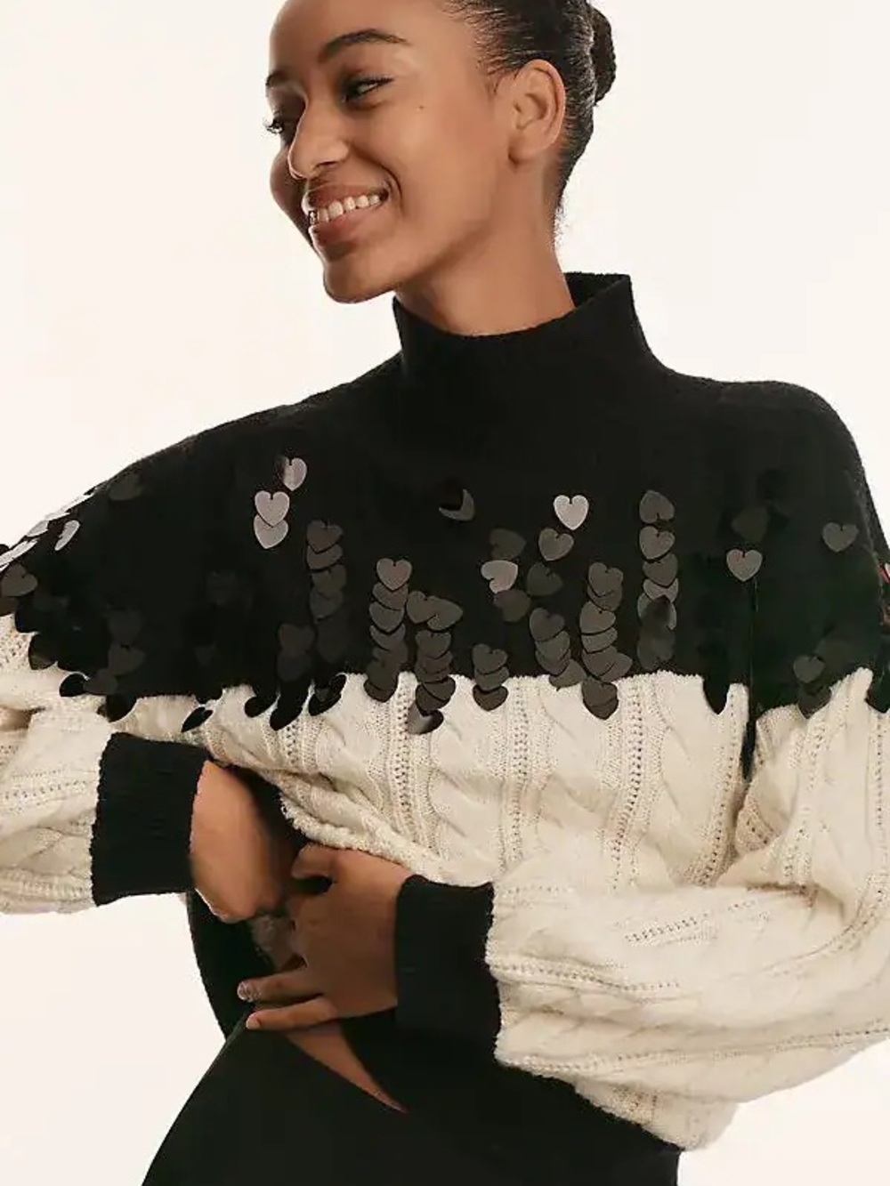 NWT MAEVE from Anthropologie Colorblock Sequin Chunky Sweater Black/Cream L